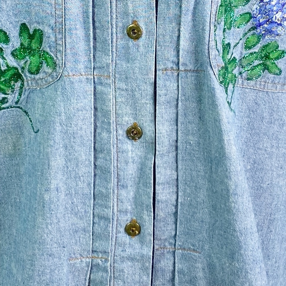 Vintage Bluebonnet Handpainted Denim Long Sleeve Button Up Shirt Med - Picture 4 of 7